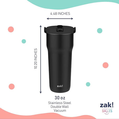 Zak Designs Sutton Travel Tumbler for On the Go, 30oz Stainless Steel with Vacuum Insulation, Straw Spout, Carry Handle for Cold Drinks (Ebony Black) - Image 6