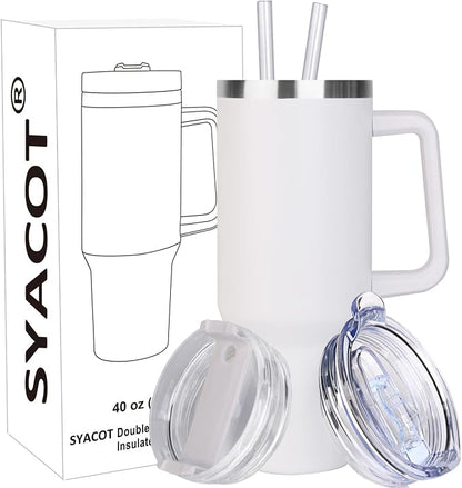 SYACOT 40 oz Tumbler with Handle and Straw Stainless Steel Insulated Tumbler Leak Proof Lid and Straw Lid Reusable Travel Mug Coffee Mug Cup Dishwasher Safe Keep Drinks Cold and Hot (Winter White) by SYACOT