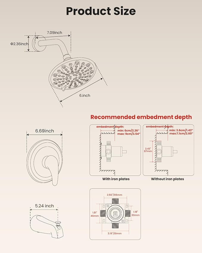 gotonovo Tub Shower Faucet Set Shower Head and Handle Set 6 Modes 6 inch Bathroom Trim Kit with Tub Spout High Pressure Shower System Combo with Valve Round Showerhead Brushed Nickel - Image 9