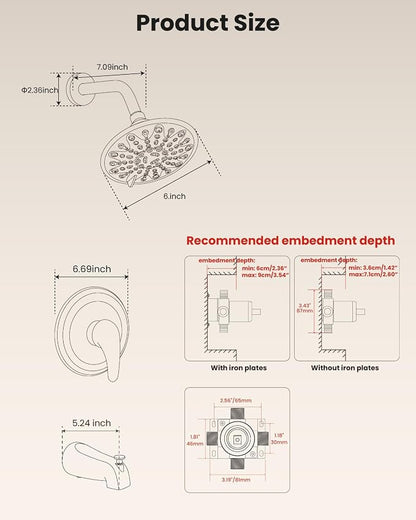 gotonovo Tub Shower Faucet Set Shower Head and Handle Set 6 Modes 6 inch Bathroom Trim Kit with Tub Spout High Pressure Shower System Combo with Valve Round Showerhead Brushed Nickel - Image 9