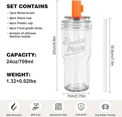 ANOTION Bamboo Mason 24oz Glass Tumbler with Straw Leakproof Lid, Cap Cup Mason Jar 4 Color Caps, Self-Assembly Leak-Proof Lid Straw, Reusable Iced Coffee Cup, Mason Jar Drinking Glass Coffee Gifts - Image 3