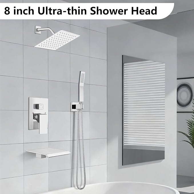 Midanya Shower System with Tub Spout,Bathtub Shower Faucet Set with Square Rainfall Head and Handheld Sprayer Wall Mount Tub Faucet Set with Valve and Trim Kit,8 Inch Polish Chrome - Image 2