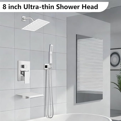Midanya Shower System with Tub Spout,Bathtub Shower Faucet Set with Square Rainfall Head and Handheld Sprayer Wall Mount Tub Faucet Set with Valve and Trim Kit,8 Inch Polish Chrome - Image 2