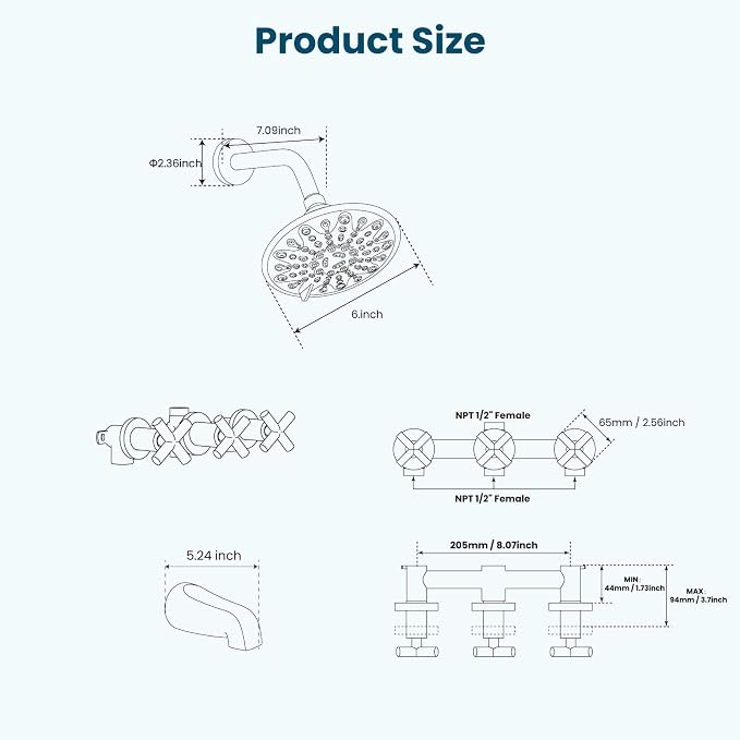 gotonovo 3 Handle Tub Shower Faucet Set, Tub and Shower Faucet Combo,Bathtub Faucet Set with 6 Settings Shower Head and Waterfall Tub Spout, Tub and Shower Trim Kit, Tub Shower Fixture Matte Black - Image 7