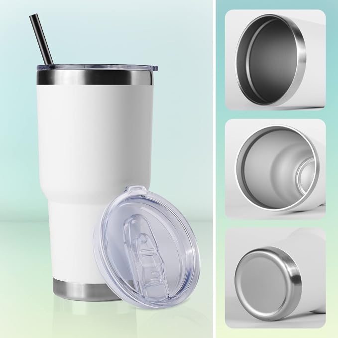 DOMICARE 30 oz Tumbler with Lid and Straw, Stainless Steel Tumblers Bulk, Insulated Vacuum Double Wall Travel Coffee Mug, Durable Powder Coated Tumbler Cup (White, 1) - Image 5