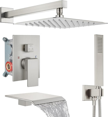 Midanya Shower System with Tub Spout,Bathtub Shower Faucet Set with Square Rainfall Head and Handheld Sprayer Wall Mount Tub Faucet Set with Valve and Trim Kit,10 Inch Brushed Nickel by Midanya
