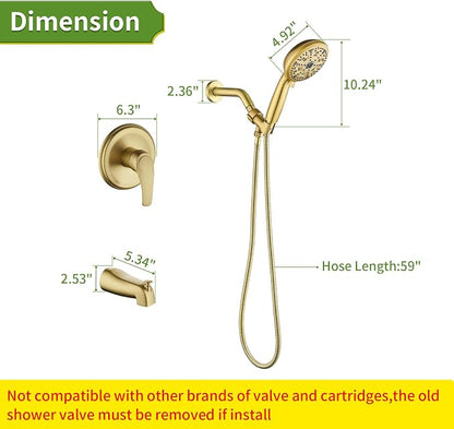 Tub Shower Faucet Set with 10 Spray Handheld Shower Brushed Gold Shower Head and Handle Set Shower System with Tub Spout 4.7 Inch Shower Handheld Shower Fixtures Tub and Shower Trim Kit - Image 7