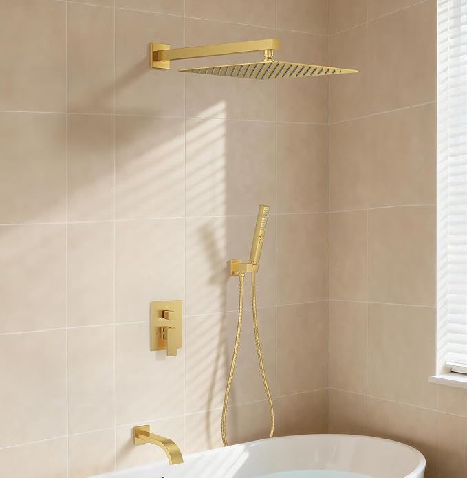 Brushed Gold Shower System with Tub Spout, Wall Mounted Bathtub Shower Faucet Set, 12" Rainfall Shower Head and Handheld Shower Combo, High Pressure Shower Fixtures Set with Rough-in Valve - Image 8