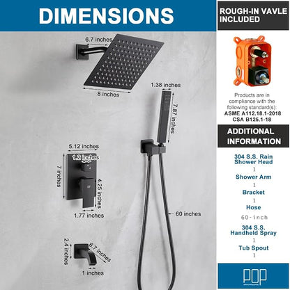 POP SANITARYWARE Matte Black Shower Faucet Set with Tub Spout Bathroom Rainfall 8 Inch Shower Head System with Handheld Single Handle Shower Trim Kit with Valve - Image 8