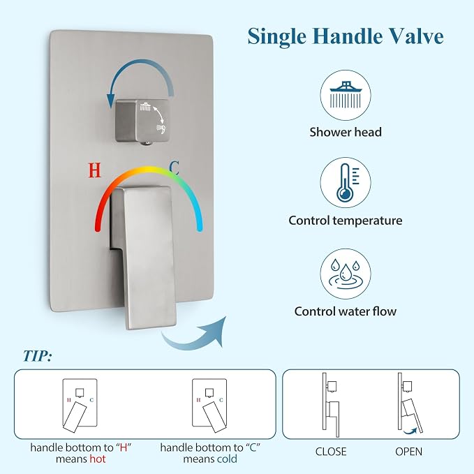 10 inch Brushed Nickel Shower Faucet Set, Stainless Steel Rain Shower System with Tub Spout, All Metal Wall Mounted Shower Faucet for Bathroom (With Shower Valve) - Image 5