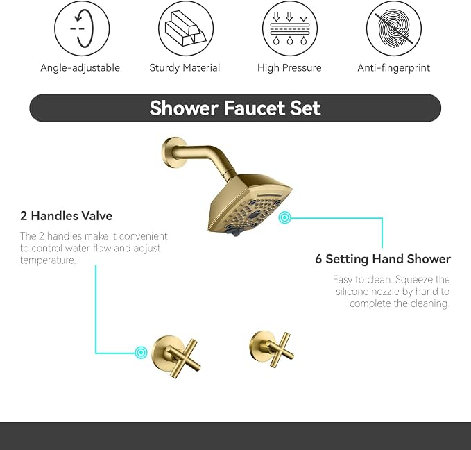 2 Handle Shower Faucet Set 6-Spray Shower Head and Handle Set Shower Trim Kit with Rough-in Valve Bathroom Shower Faucet Valve Trim Kit Brushed Gold - Image 5
