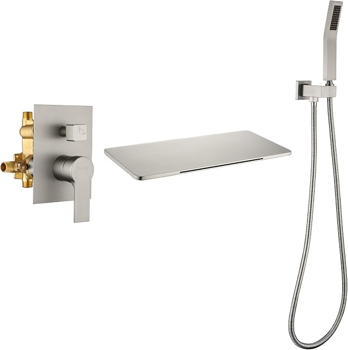 SHAMANDA Waterfall Bathtub Faucet with Sprayer, Wall Mount Tub Filler with Hand Shower, Single Handle Tub Faucet with Handheld ShowerHead(Rough-In Valve Body and Trim Included), Brushed Nickel, L902-2 by SHAMANDA