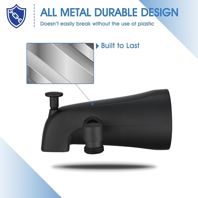 All Metal Tub Spout with Diverter Matte Black, Fits Threaded 1/2" or 3/4" IPS, Tub Faucet with Shower Diverter - Image 3