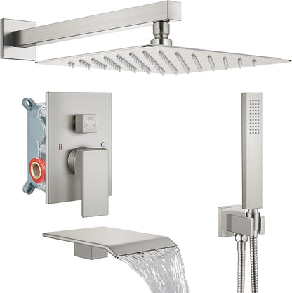 Midanya Rain Shower System with Tub Spout,Tub Shower Faucet Set with rainfall Shower Head and Handheld Spray,Wall Mount Tub Shower Combo Rough-in Valve Included,10 Inch Brushed Nickel by Midanya