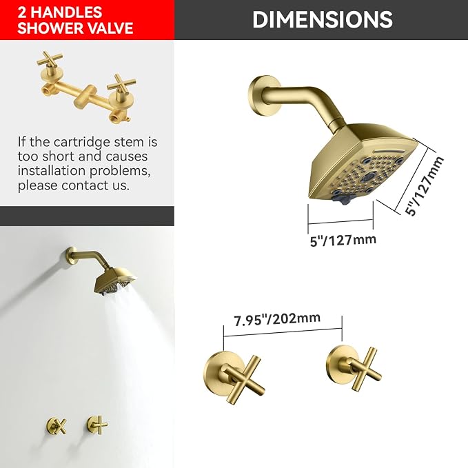 2 Handle Shower Faucet Set 6-Spray Shower Head and Handle Set Shower Trim Kit with Rough-in Valve Bathroom Shower Faucet Valve Trim Kit Brushed Gold - Image 3