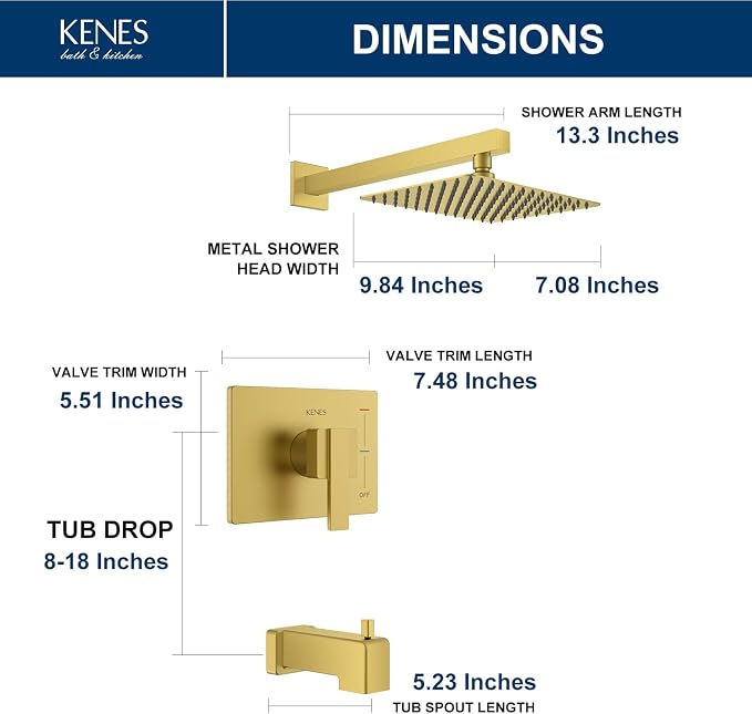 KENES Brushed Gold Tub and Shower Trim Kit, Square Tub Shower Faucet Set Complete with 10-Inch Rainfall Shower Head and Tub Spout, KE-6024A-4 (Shower Valve Included) - Image 6