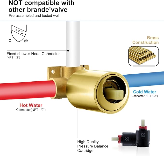 KENES Brushed Gold Shower Faucet, Modern Square 6-Inch Shower Head and Handle Set, Bathroom Rainfall Shower System Wall Mount, KE-6025B-4 (Including Shower Valve) - Image 7