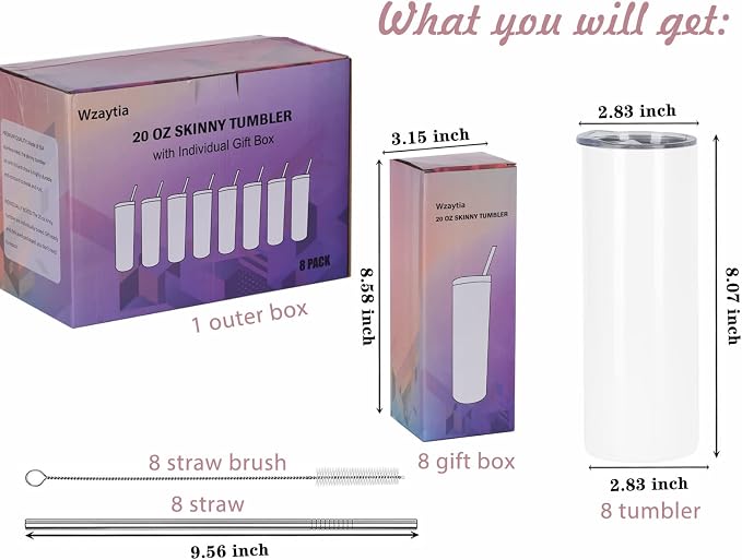 8 Pack 20 Oz Straight Skinny Tumblers,Individually Gift Boxed Stainless Steel Slim Skinny Tumbler Set Bulk, 20 Oz Insulated Slim Thin Travel Tumbler Cup for Diy, White - Image 2