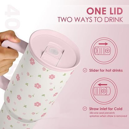 Floral 40oz Tumbler with Handle and Straw – Flowers Insulated Stainless Steel Travel Coffee Mug for Women Girls - Gift Idea for Birthday Christmas Mothers Day - Image 4