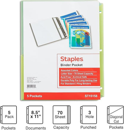 Staples Poly Binder Pockets, 3-Hole Punched, Durable Plastic Sheet Protectors - Image 2
