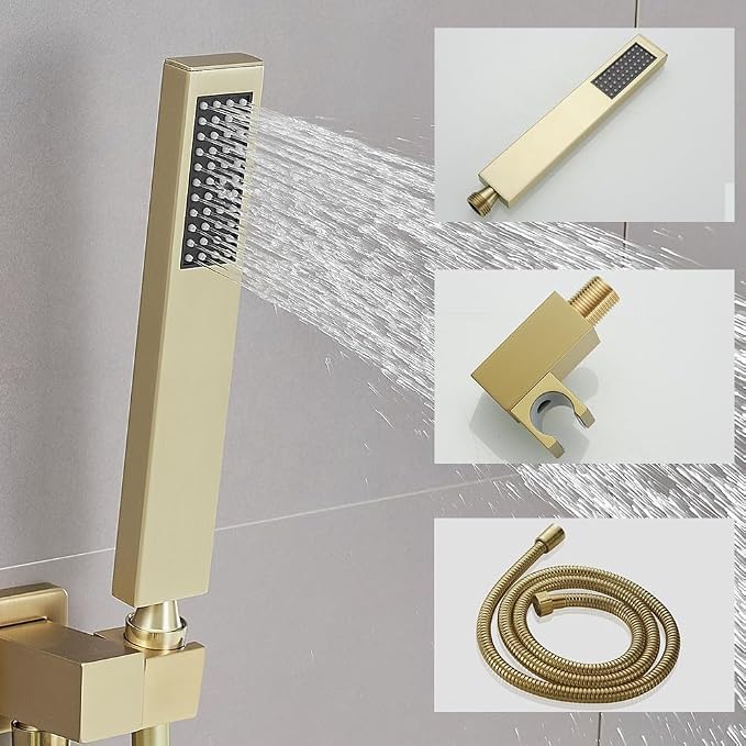 Brushed Gold Rain Shower System Tub Shower Faucet Set 12 Inch Square Rainfall Shower Head with Handheld Sprayer and Tub Spout Rough-in Valve Shower Mixer Combo Kit - Image 4