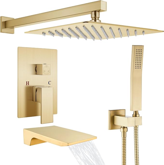 gotonovo Shower System with Tub Spout,Waterfall Tub Shower Faucet Set for Bathroom Head and Handle Set Wall Mounted 3 Function Rough-in Valve and Trim Included 10 inch Shower Head Brushed Gold by HOME