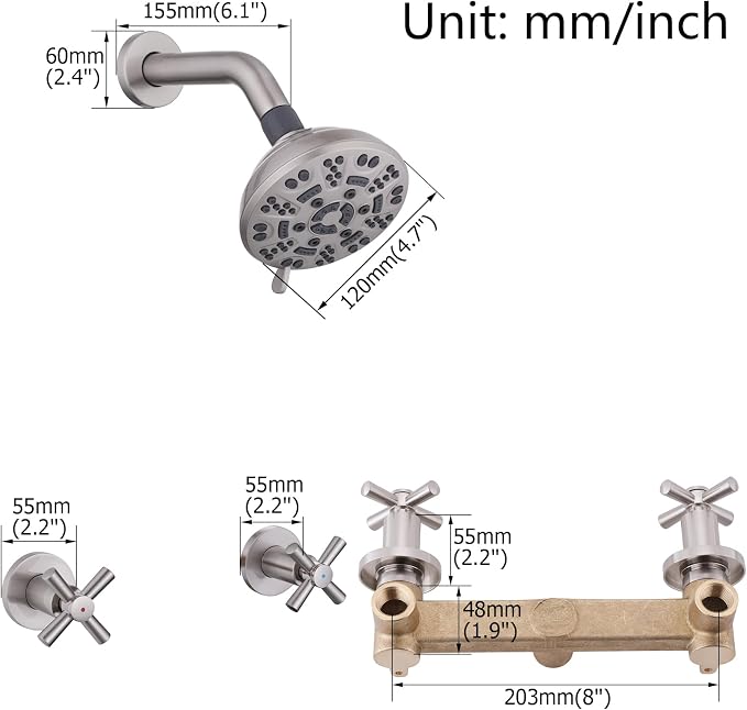 2 Handle Shower Faucet,Wall Mounted Two Handles Shower Faucet Set with 8 Modes Rainfall Shower Head,2 Knobs Single Function Shower Trim Kit with Rough-in Valve,Brushed Nickel - Image 2