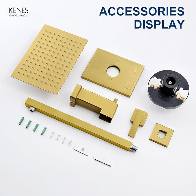 KENES Brushed Gold Tub and Shower Trim Kit, Square Tub Shower Faucet Set Complete with 10-Inch Rainfall Shower Head and Tub Spout, KE-6024A-4 (Shower Valve Included) - Image 9