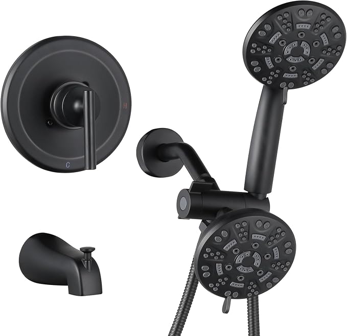 Shower Tub Faucet Head Set Black : WOWOW Black Shower Head and Handle Set with 7 Modes Handheld Shower Head with Hose and Tub Spout, Dual 2 In 1 Shower System Combo Single Handle (Brass Valve Include) by WOWOW