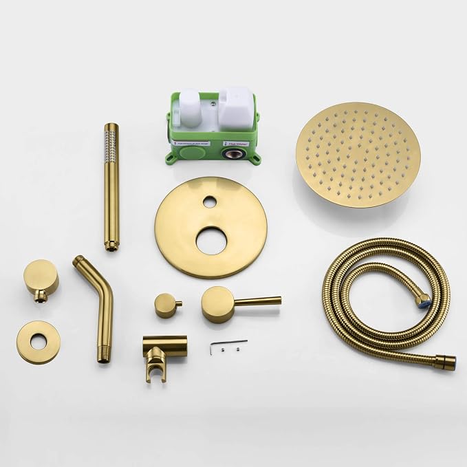 sumerain Brushed Gold Shower Faucet System with high pressure 8 Inches rain shower head and brass hand shower, Rough-In Valve Body and Trim Included - Image 6
