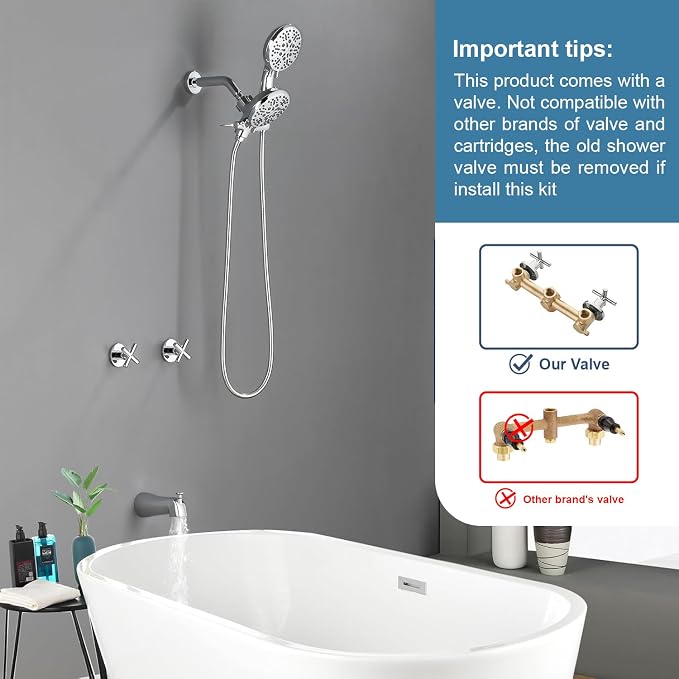 2 Handles Shower Faucet Set with Tub Spout Bathtub Shower Faucet Combo Set Shower System Complete Tub and Shower Trim Kit Chrome Polished Wall Mounted Shower Fixtures - Image 2