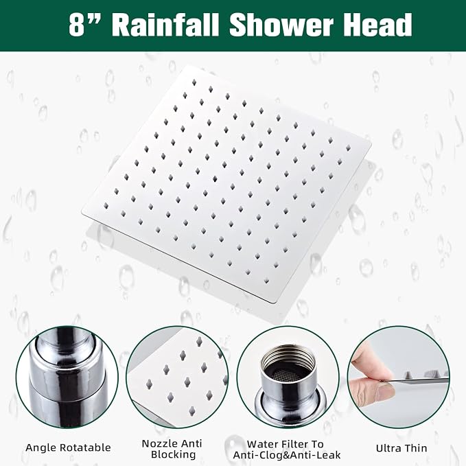 Shower Head - Shower Faucet Set Square Shower Combo System with 8'' Rainfall Shower Head Wall Mount Handheld Shower, Stainless Steel with Chrome Finish Bath Shower Head,Chrome - Image 4
