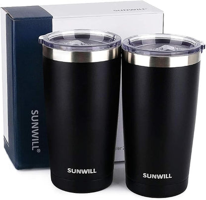 SUNWILL Travel Coffee Mug with Lid, 20 oz Tumbler Set of 2, Insulated Stainless Steel Cup for Water, Tea, Ice, Powder Coated Black 2 pack - Image 5