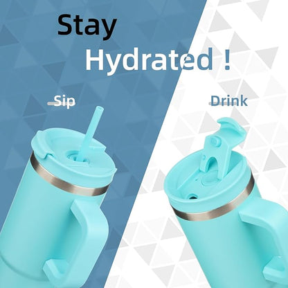 Konokyo 40 oz Tumbler with Handle and 2 Straws,2 in 1 Lid Insulated Water Bottle Stainless Steel Travel Coffee Mug,Turquoise - Image 2