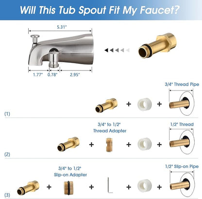 All Metal Tub Spout with Diverter Brushed Nickel, Fits Threaded 1/2" or 3/4" IPS, Tub Faucet with Shower Diverter - Image 5
