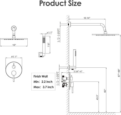 Gabrylly Black Shower Faucet Set, Wall Mounted System with Shower Valve, High Pressure 10" Rain Shower head with Handheld Spray Combo, 2 Way Rainfall Shower Fixtures, Matte Black - Image 7