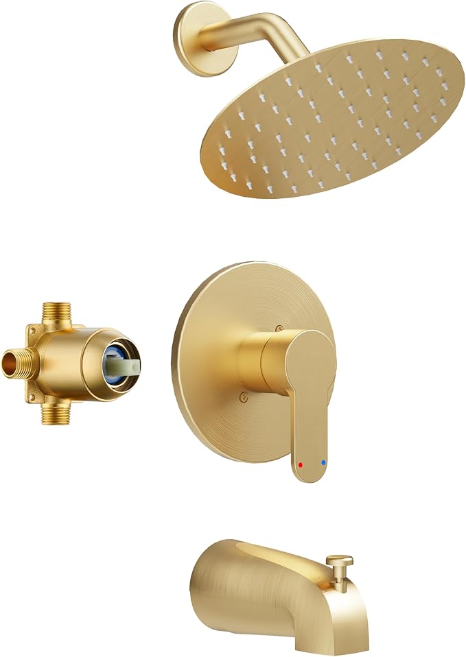 Tub Shower Faucet, Brushed Gold Shower Faucet Set with 6-Inch All-Metal Rainfall Showerhead and Bathtub Spout, Single-Handle Tub Shower-Trim Kit Included Valve, Brushed Gold by HOMGOO