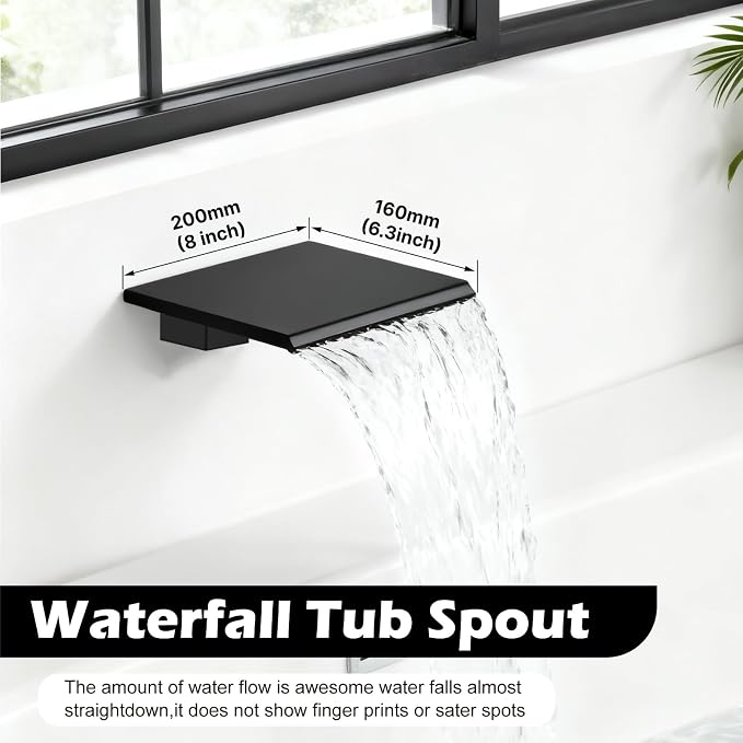 Midanya Shower System with Tub Spout,Bathtub Shower Faucet Set with Square Rainfall Head and Handheld Sprayer Wall Mount Tub Faucet Set with Valve and Trim Kit,8 Inch Matte Black - Image 3