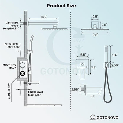 gotonovo Shower System with Tub Spout Wall Mounted Rain Shower Head and Handle Combo Shower Faucet Set with Valve, 10 Inch, Matte Black - Image 4