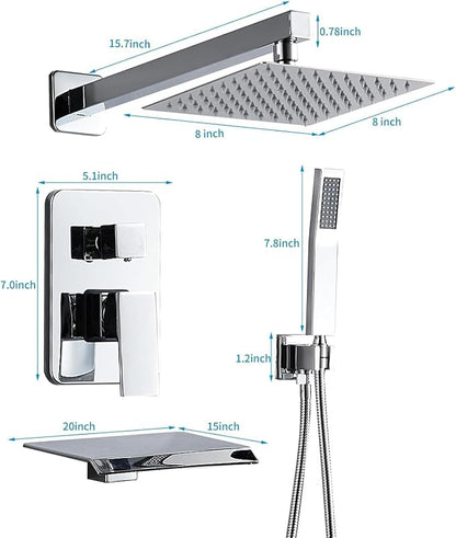Chrome Shower Faucet Set with Tub Spout 8 Inch, Shower Head and Handle Set with 2 Hooks, Tub and Shower Faucet Combo, Rain Shower and Handheld Shower System Square Wall Mount for Bathroom - Image 6