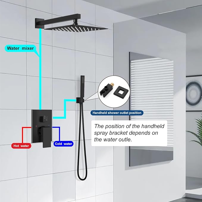 Midanya Shower Faucet Set,Wall Mount Shower System with Square Rain Shower Head and Hand Sprayer, Rough-in Valve Body and Trim Kit Included,16 Inch,Matte Black - Image 9