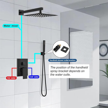 Midanya Shower Faucet Set,Wall Mount Shower System with Square Rain Shower Head and Hand Sprayer, Rough-in Valve Body and Trim Kit Included,16 Inch,Matte Black - Image 9