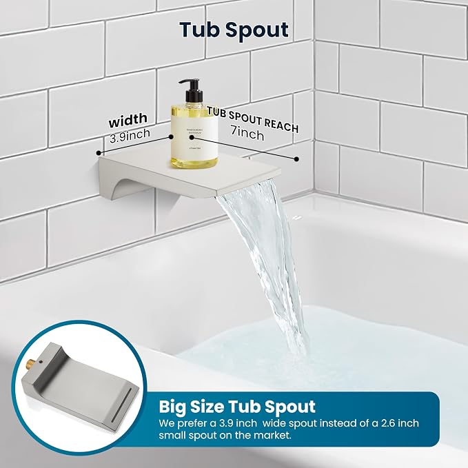 gotonovo Shower System with Tub Spout,Waterfall Tub Shower Faucet Set for Bathroom Head and Handle Set Wall Mounted 3 Function Rough-in Valve and Trim Included 12 inch Shower Head Brushed Nickel - Image 3