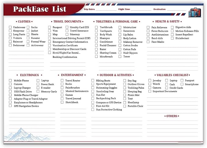 Large Travel Packing list PackEase checklist Essentials Memo Note Pad | A4 Size by lovielf