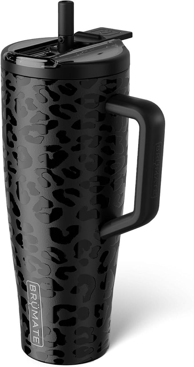 BrüMate Era Flip 40oz Tumbler with 100% Leakproof Covered Straw Lid | Hygienic Covered Straw | Insulated Stainless Steel Water Bottle with Handle | Cup Holder Friendly | BPA-Free (Onyx Leopard) by Br%C3%BCMate