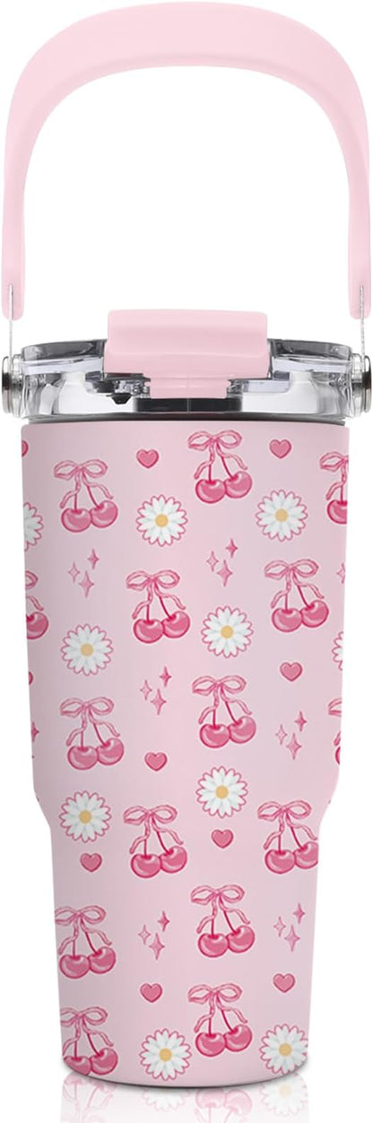 20oz Cherry Tumblers - Pink Cherry Tumbler with Straw Handle, Leak-proof, BPA-free, Double Wall Insulated, Pink Gifts Cup for Girls, Insulated Coffee Tumbler Bows Stainless Steel Cup for Women Kids by welcometoHYMONA