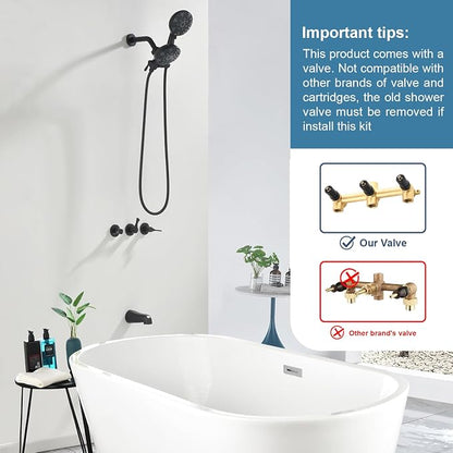3 Handle Shower Faucet Set with Tub Spout Bathtub Shower Faucet Combo Set Shower System Complete Tub and Shower Trim Kit Matte Black Wall Mounted Shower Fixtures - Image 2