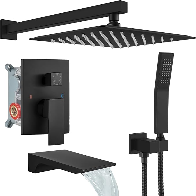 gotonovo Shower System with Tub Spout,Waterfall Tub Shower Faucet Set for Bathroom Head and Handle Set Wall Mounted 3 Function Rough-in Valve and Trim Included 10 inch Shower Head Matte Black by HOME