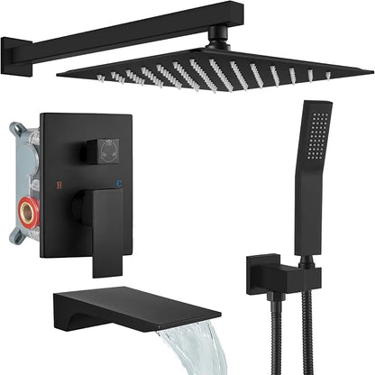 gotonovo Shower System with Tub Spout,Waterfall Tub Shower Faucet Set for Bathroom Head and Handle Set Wall Mounted 3 Function Rough-in Valve and Trim Included 10 inch Shower Head Matte Black by HOME
