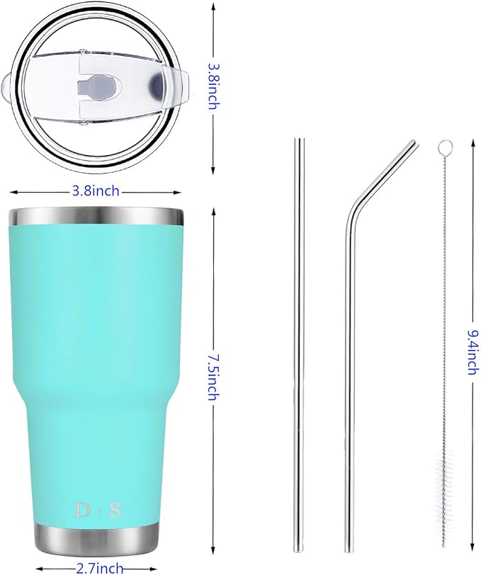 D·S 30oz Mint Tumbler Stainless Steel Double Wall Vacuum Insulated Mug with Straw and Lid, Cleaning Brush for Cold and Hot Beverages - Image 2